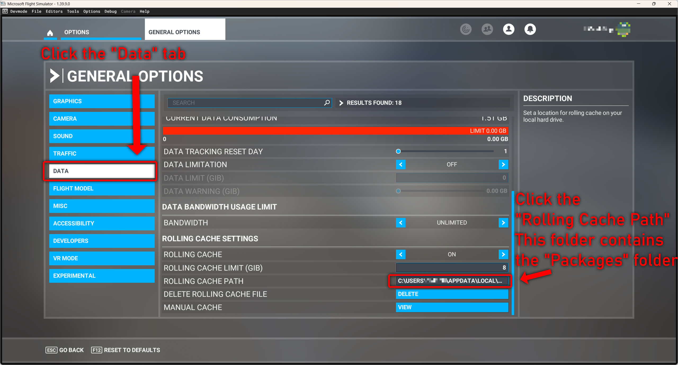 MSFS 2020 General Options Data tab showing Rolling Cache Settings and the path selector button