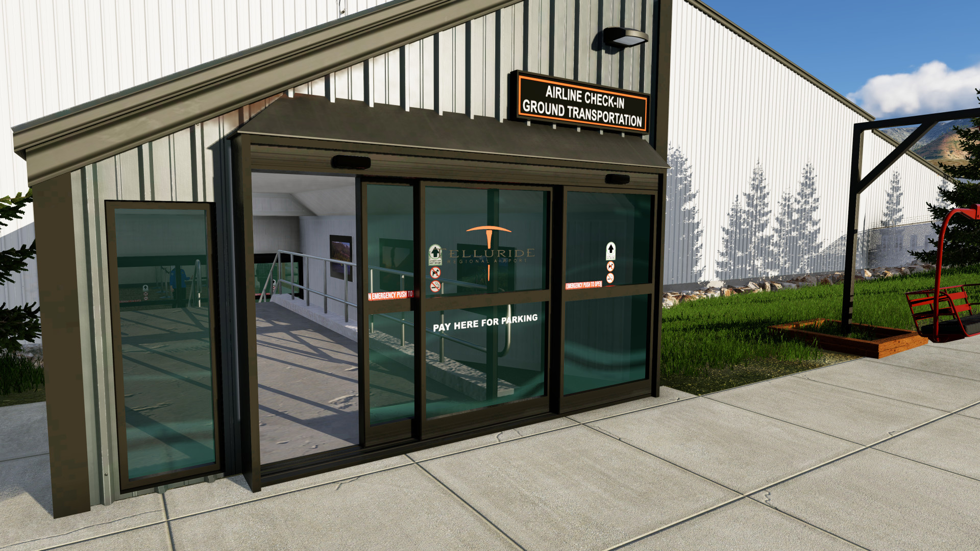 The terminal enterance at KTEX Telluride Regional Airport V2.0 in X-Plane 12