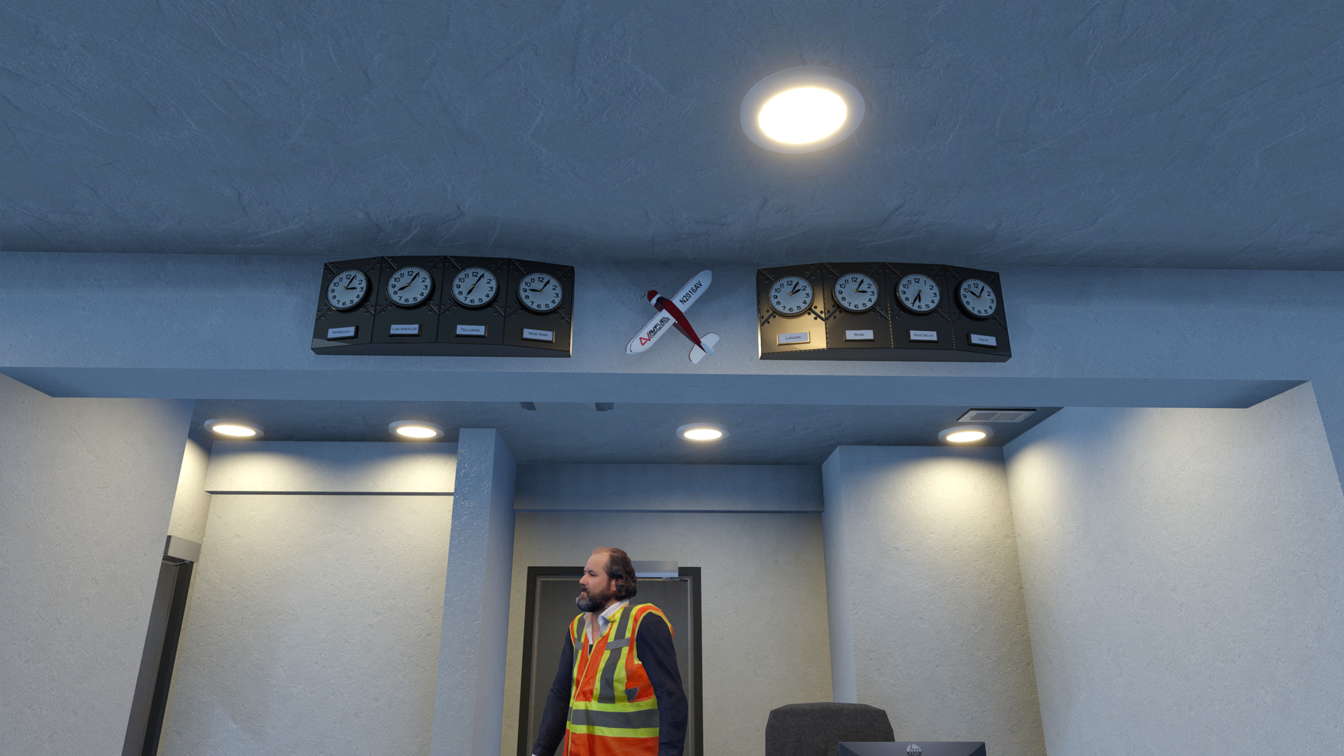 Clocks above staff desk at KTEX Telluride Regional Airport in X-Plane 12 showing different time zones for Honolulu, Los Angeles, Telluride, New York, London, Rome, New Delhi, and Japan. A red and white Avfuel model airplane is in the center of these aviation clocks.